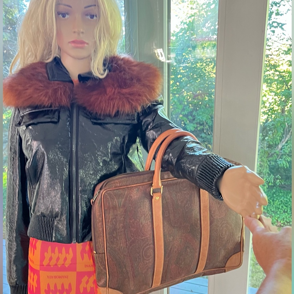 Women's Shiny Black Bomber Jacket with Brown Faux Fur Collar